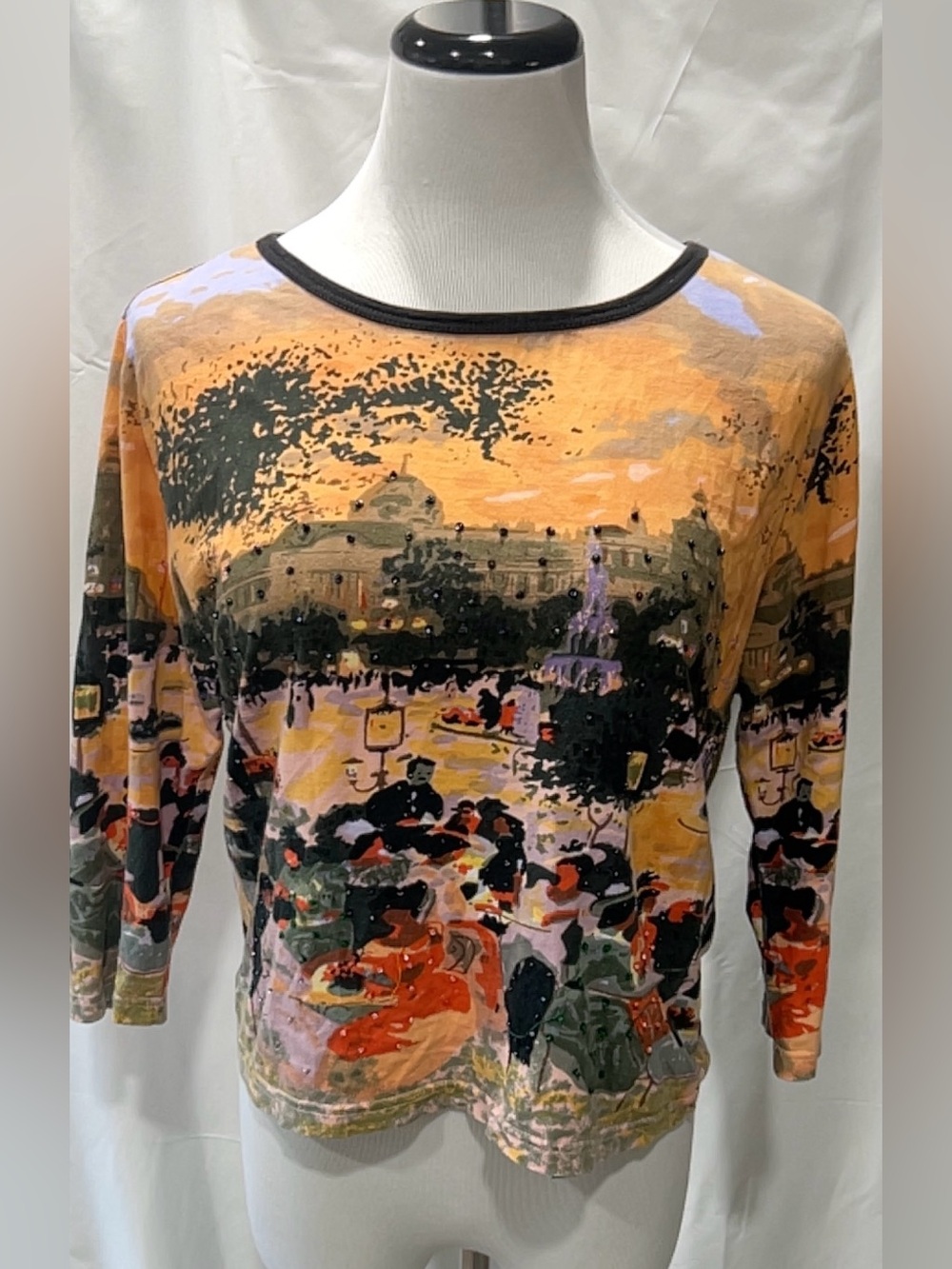 Take Two Clothing Co Beaded Scenic Art Top Womens Medium French Town Square 3/4